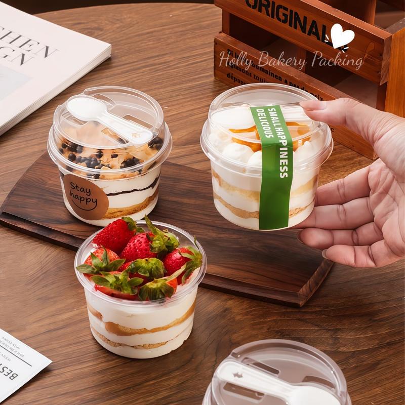 10pcs Round Pudding Cups With Lids And Spoons Transparent Mousse Cake Boxes Yogurt Cups For Birthdays Graduation Seasons Parties