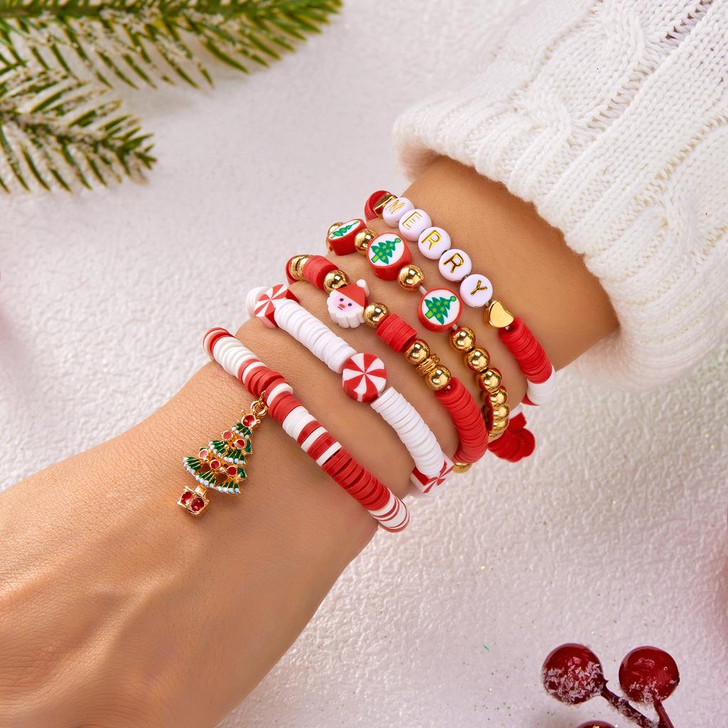 Trendy Christmas Theme Beaded Bracelet for Women Unisex Polymer Clay Xmas Tree Cute Party Creative Party Gift Charming Jewelry