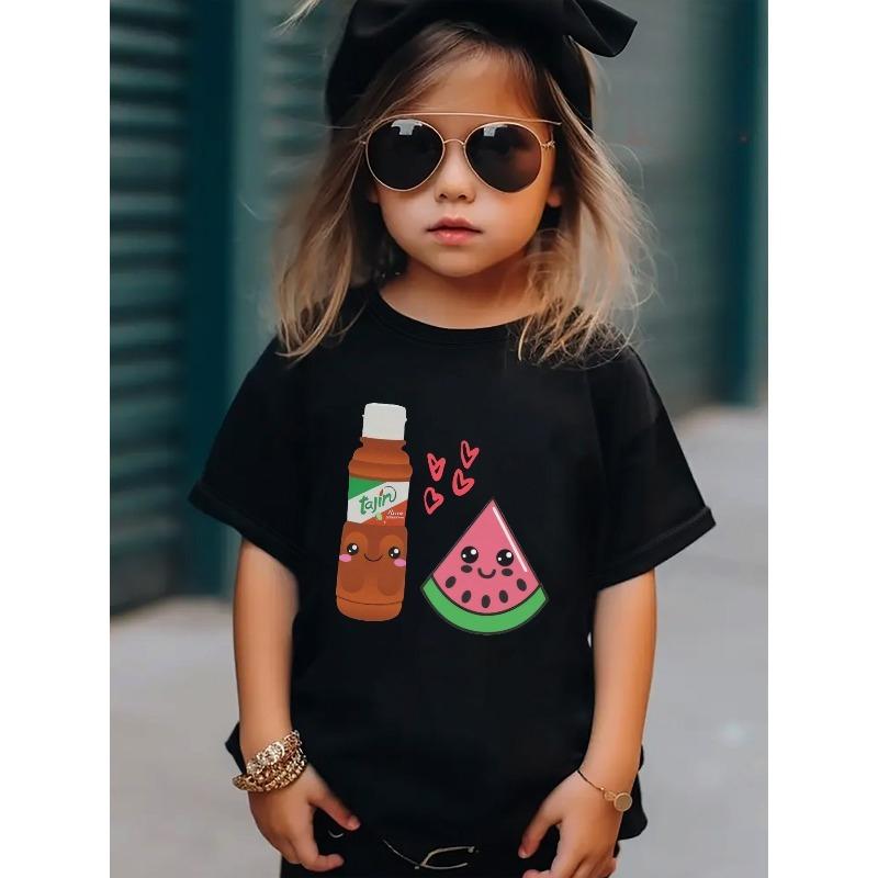 European Sizes Girls' Cartoon Watermelon & Juice Box Graphic T-Shirt - Playful Summer Short Sleeve Tee with Playful Hearts, Breathable Round Neck Top