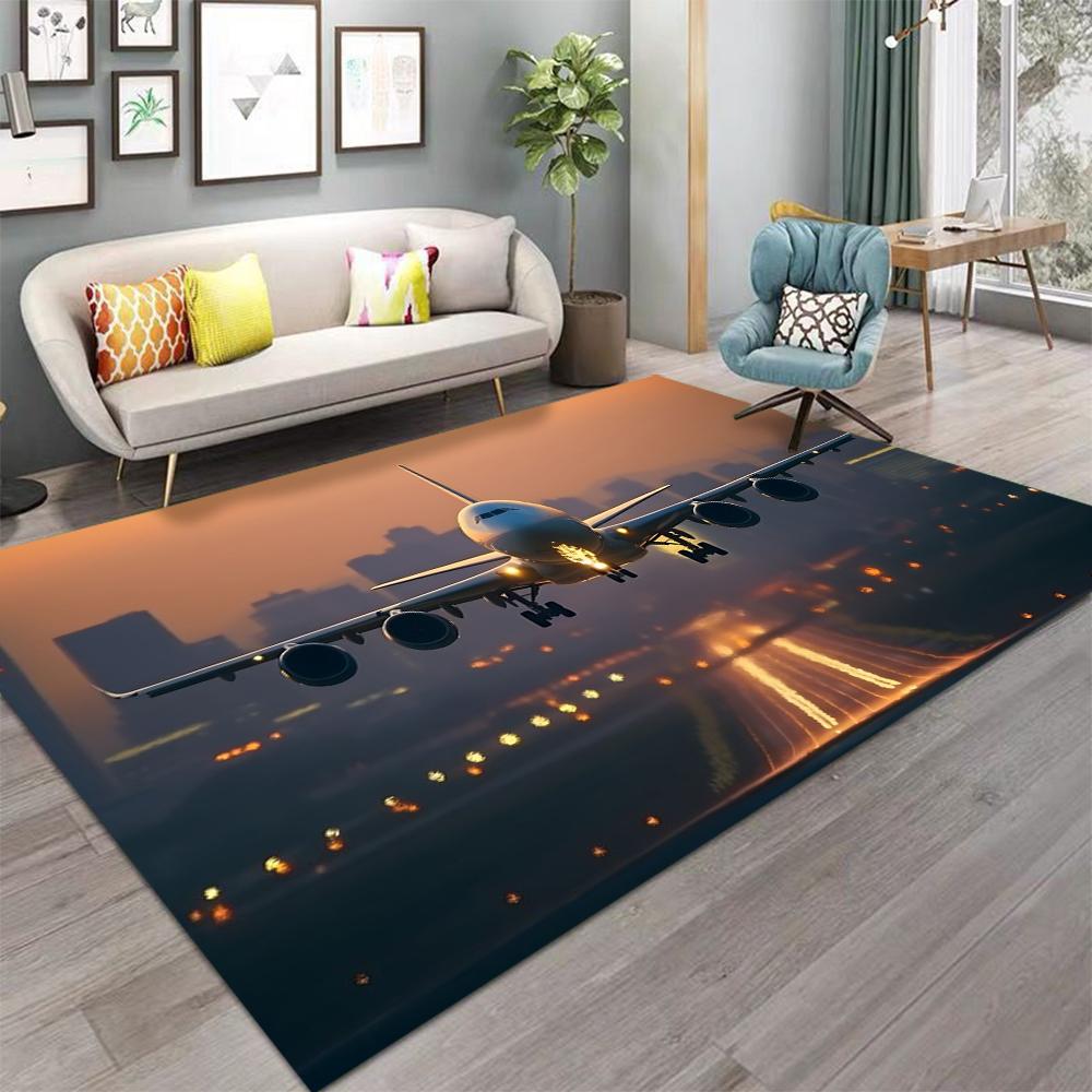 Airport Runway Carpet 3D Airplane Takeoff Design Sunset Cityscape Pattern Non Slip Large Area Rug for Modern Living Room