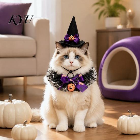 Funny Halloween Pet Accessories 1 Set Cat Costume, Wizard Hat And Lace Bandana, Ruffled Bib Witch Scarf with Bow Bell, Holiday Party Outfit for Small