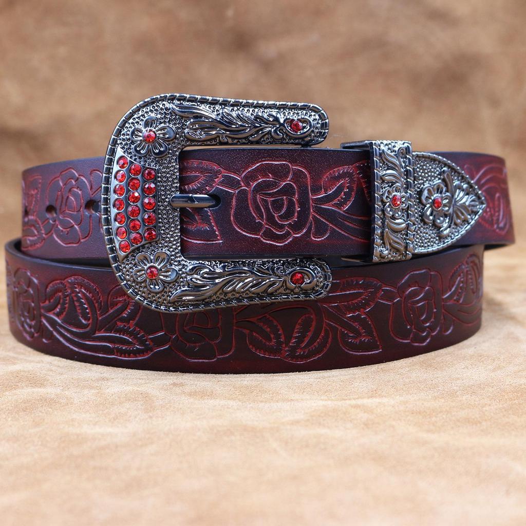 Western Embossed Cowhide Leather Belt - Retro Pin Buckle Men's Genuine Leather Belt for Trendy Young Men.