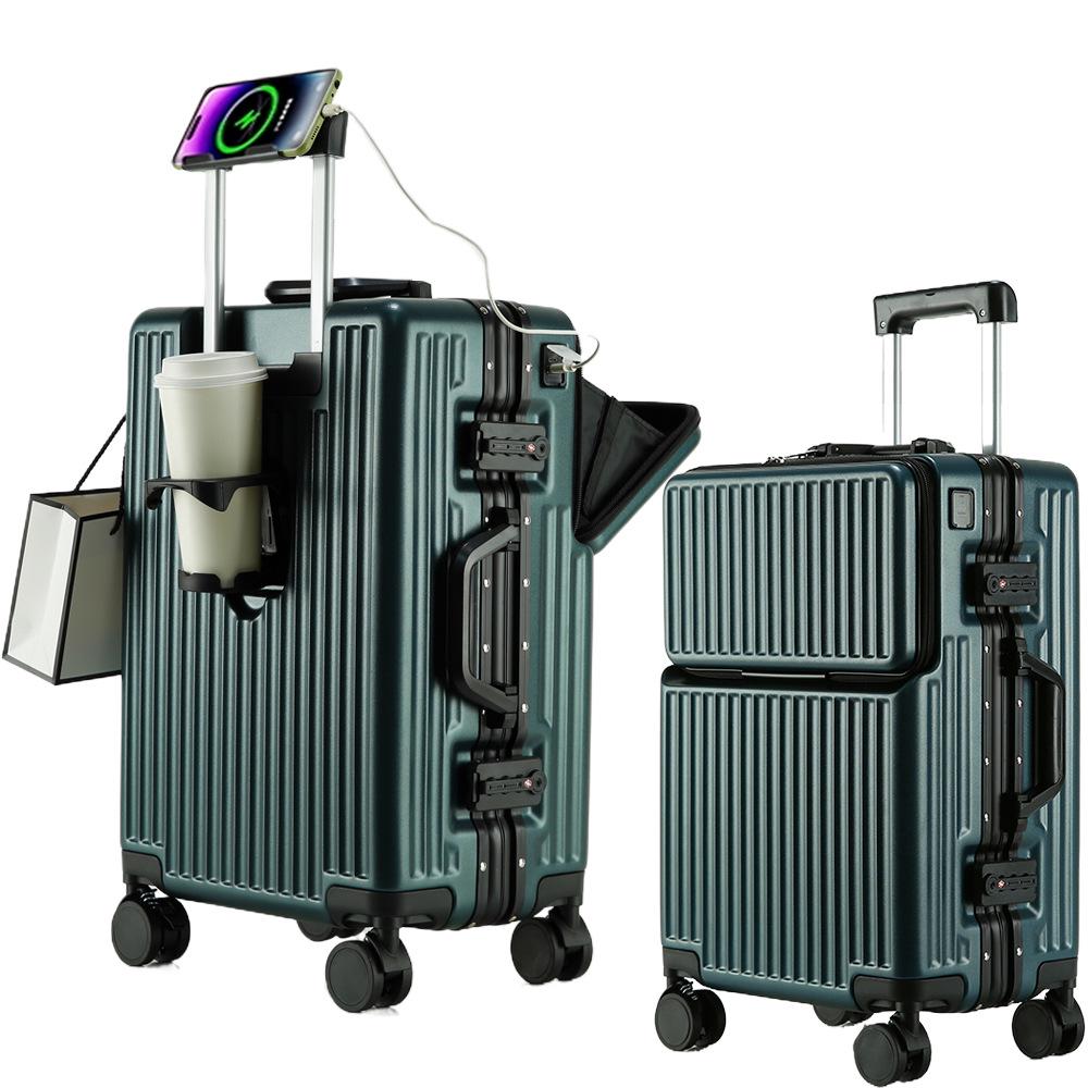 Universal Aluminum Frame Trolley Suitcase with Front Opening and Large Capacity for Women and Men