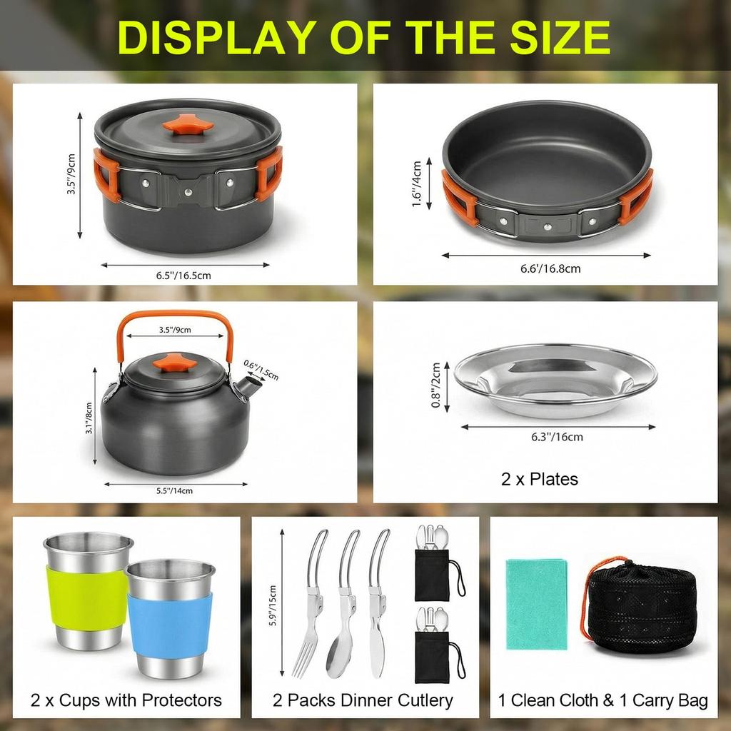 Camping Cookware Set 11pcs Mess Kit, Aluminum Non-Stick Pot and Pan Set, Backpacking Cookware