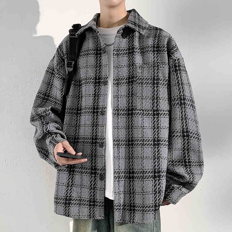 Plaid Shirt Jacket Men's Spring and Autumn New Casual Loose Couple Lapel Jacket