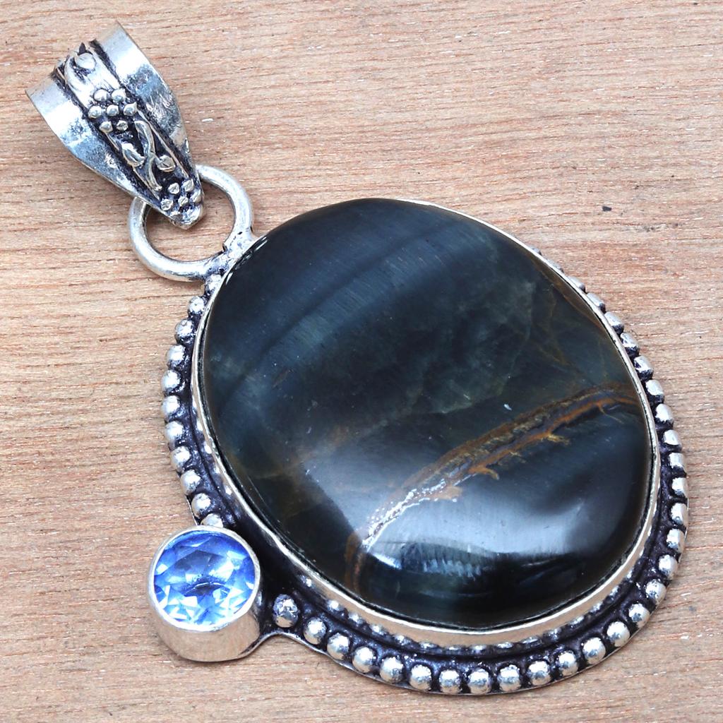 Pendant Black Tiger's Eye Tanzanite Gemstone Handmade Silver Jewelry 2"