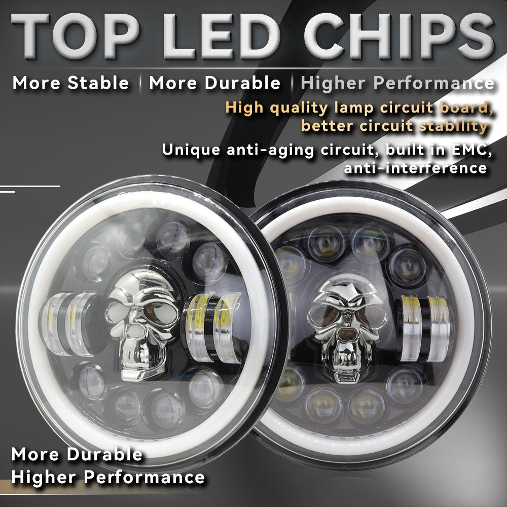 Skull Pattern 7in LED Motorcycle Headlamp 9-36V Hardwired Motor Vehicle Headlight for Modification Accessories