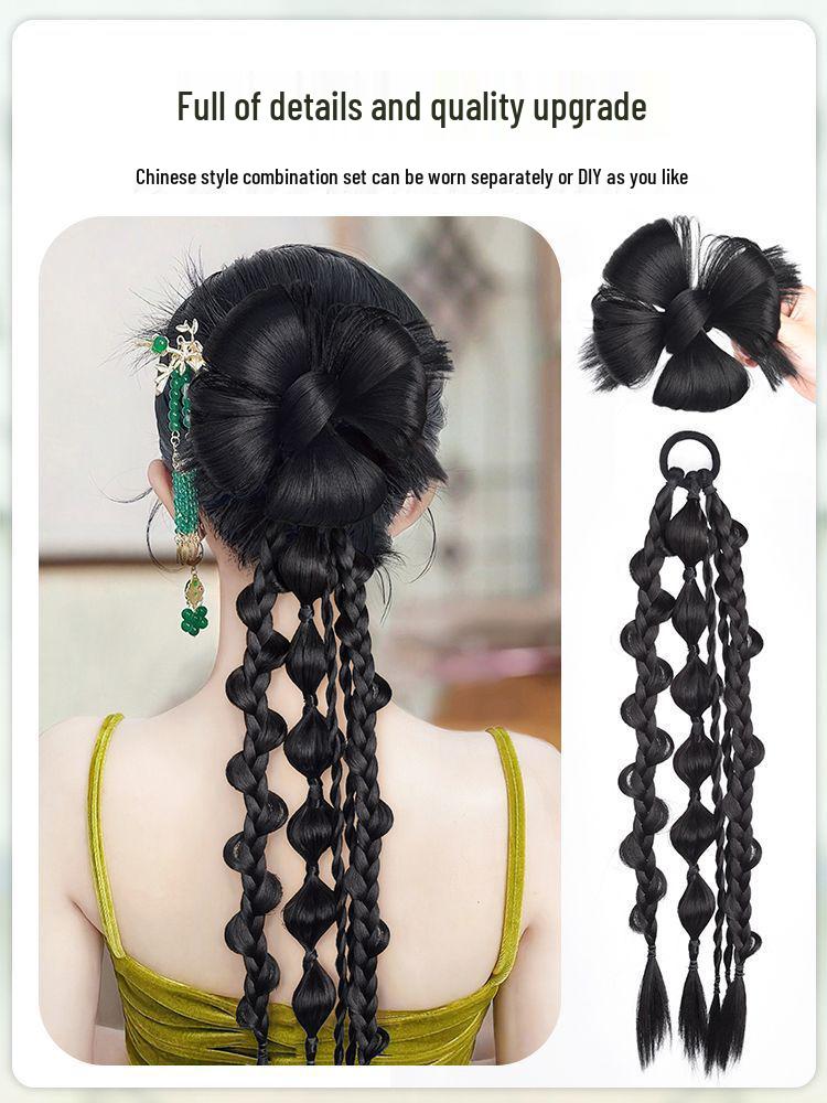 Golden Thread Chinese Five-Strand Fishtail Braid Ponytail & Flower Bun Bridal Hair Robe for Photography