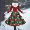 Women's Casual Dress Long-Sleeve V-Neck Patchwork Fleece Christmas Print Dress