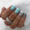 Light Blue Glitter Hazy Floral Short False Nails - European & American Style Nail Art Tips