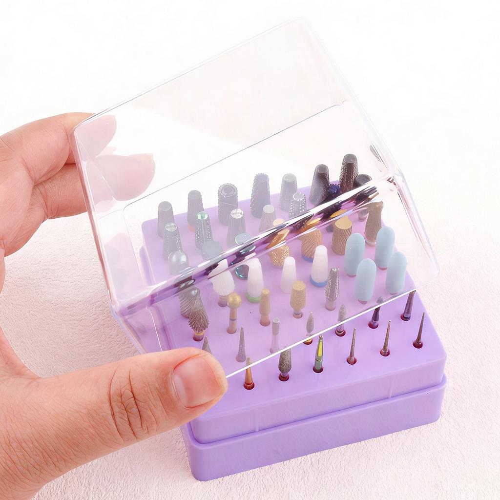 49 Holes Nail Drill Bits Holder Nail Polish Head Storage Box with Clear Dust Lid for Salon Home Purple