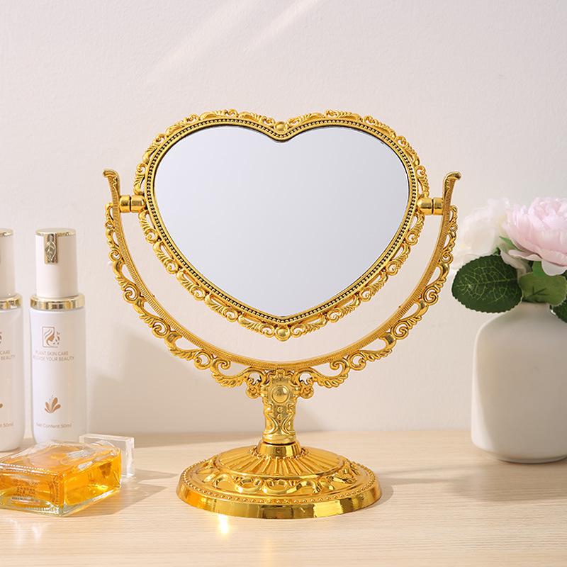Heart-Shaped Double-Sided Rotating Vanity Mirror - Retro European Style Makeup Mirror for Bedroom