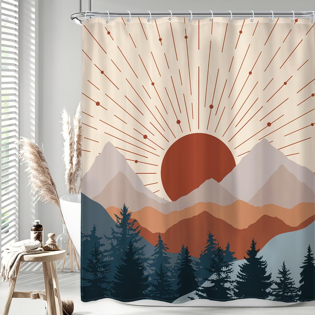 1pc Mid Century Boho Mountain Shower Curtain - Abstract Sunset, Modern Minimalist, Waterproof Polyester, 12 Hooks