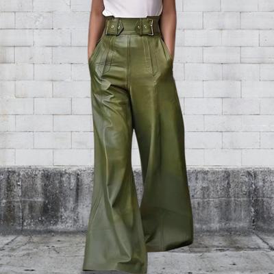 Frauen Schlaghose Schlank Hohe Taille Lose Taschen Kunstleder Elastische Taille