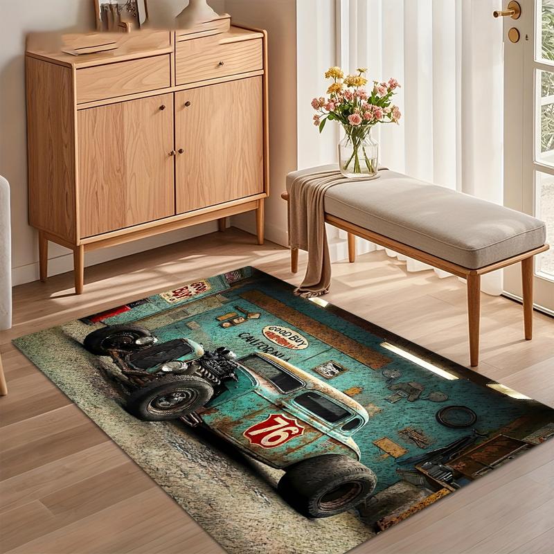 Teal Vintage Hot Rod Route 66 Area Rug for Living Room Bedroom Retro Garage Inspired Home Decor Soft Non Slip Washable Floor Ma