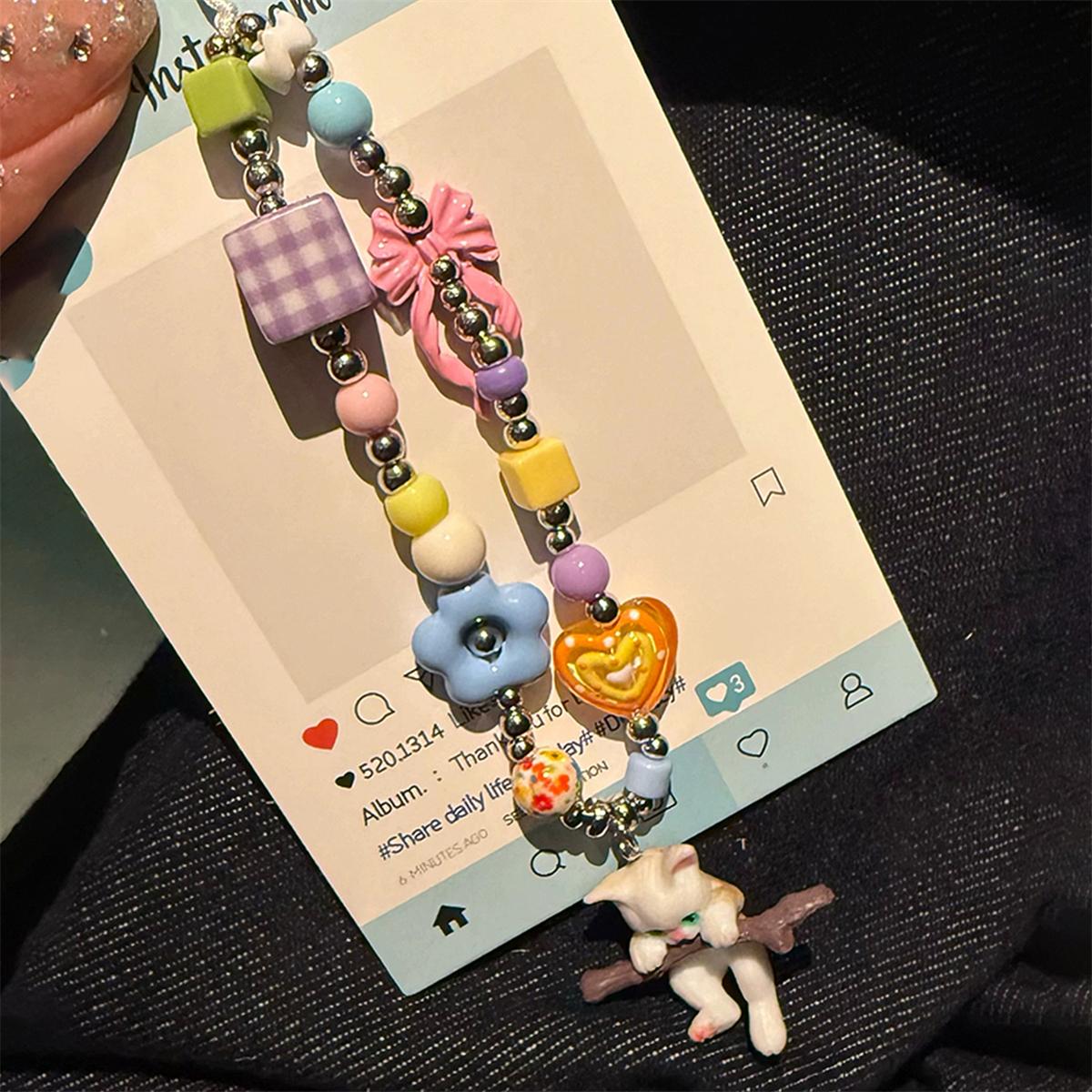 

Cute Cartoon Cat Bowknot Love Heart Colourful Beads Mobile Phone Lanyard Bracelet CCD Camera Bag Universal Accessories Gift