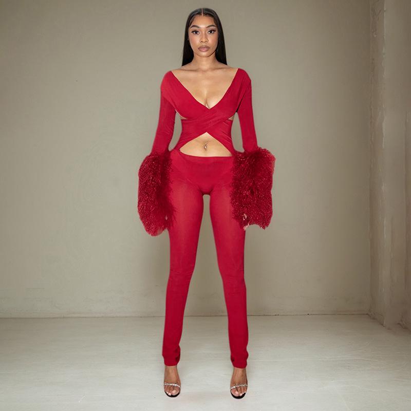 

2026 Spring Women s Sexy Hollowed-Out Sleeve Patchwork Fur Tight Jumpsuit L
