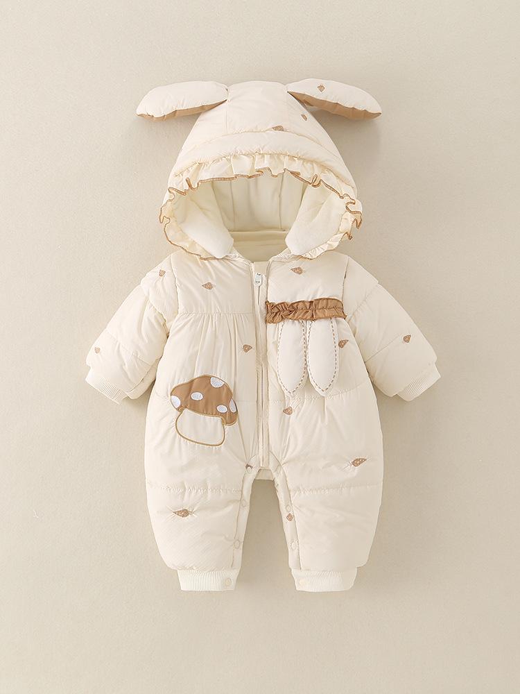 Thickened Fleece-Lined Winter Jumpsuit for Newborn Baby Girls - Cute Hooded Outfit for Outings