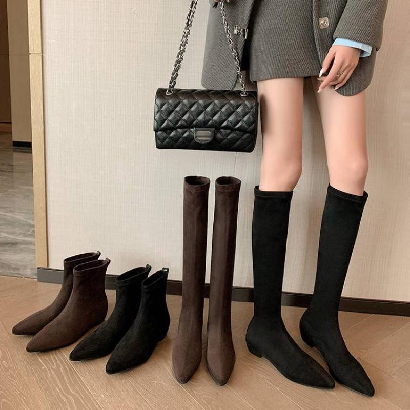 Autumn and winter elastic cashmere large size women's boots solid color non-slip beef tendon sole sleeve wedge heel new leather high boots