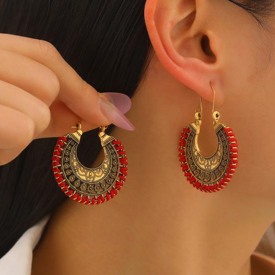 1 Paio di Orecchini Bohemia Stile Retrò Corda Rossa Intrecciata a Mano Intaglio Cavo Pizzo Forme a Sole Orecchini da Spiaggia Festival