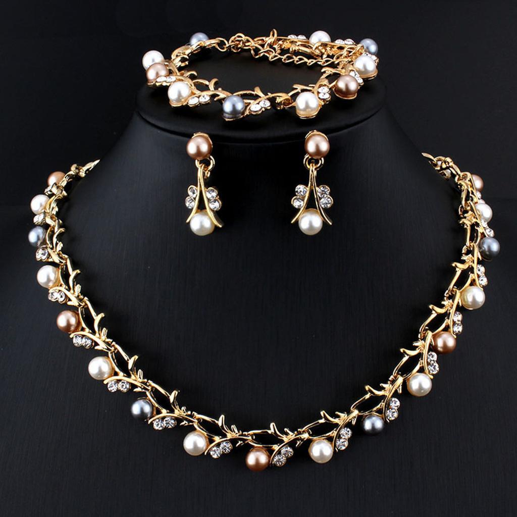 Vintage Turquoise Artificial Pearl Inlay Jewelry Set Necklace Earrings Elegant Statement Accessories for Women