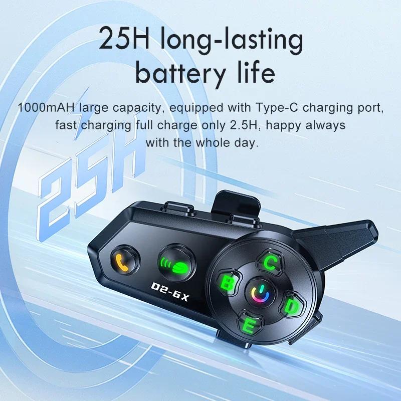 Kebidumei D2-6X Motorcycle Helmet Intercom Headset 1000M Wireless Interphone Communicator for 6 Riders Music Share Waterproof