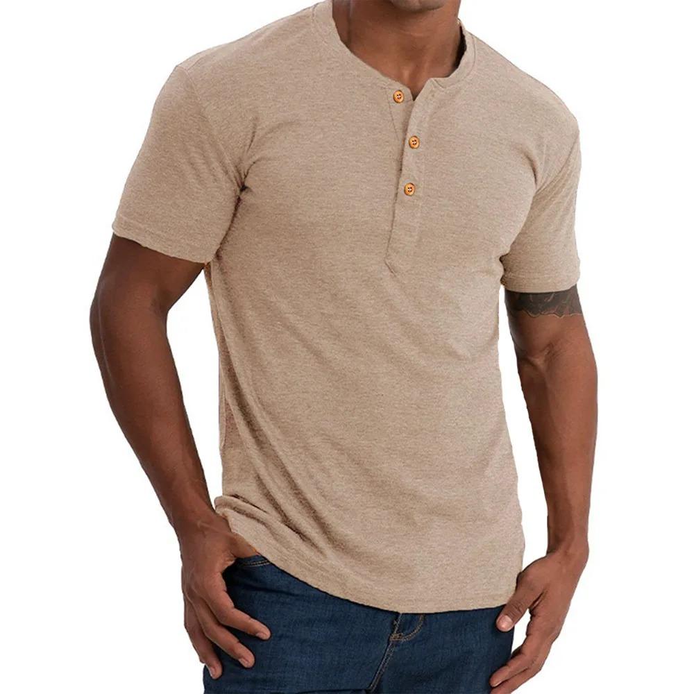 Men s Summer Cotton T-shirt High Quality Cozy Casual Simple Style Slim Fit Solid Short Sleeve Male Button Tees Breathable Tops EU XXL хаки 1180₽