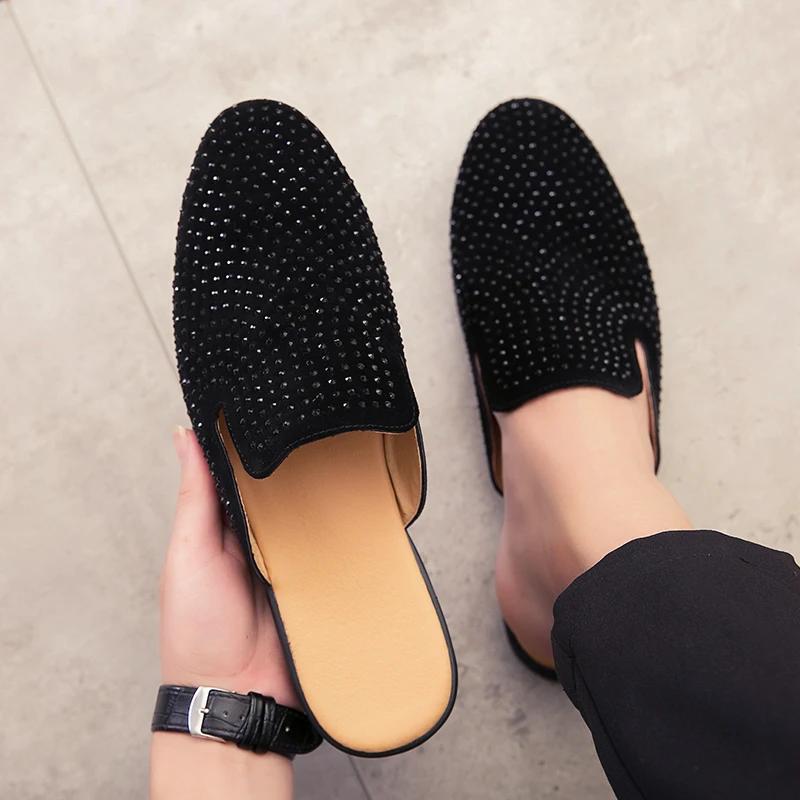Luxury Glitter Rhinestone Leather Shoes Men Designer Outerwear Mules Casual Slides Slippers Sandals Male Fashion Shoes for Men