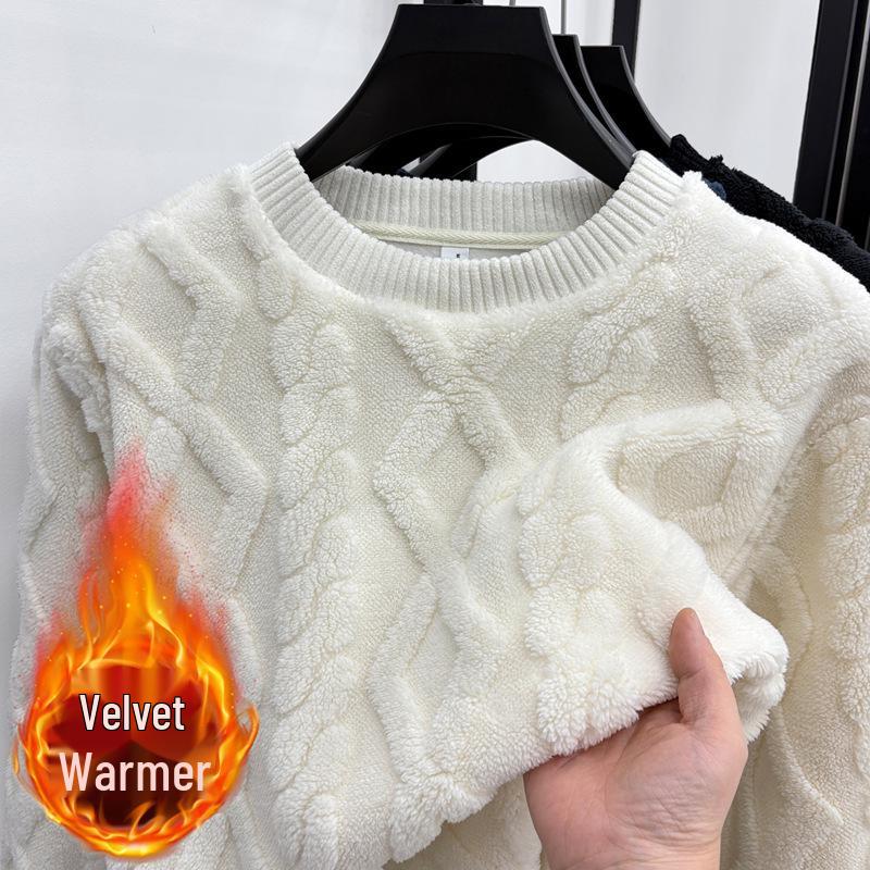 

Korean Style Men s Casual Flannel Sweater - Trendy Solid Color Round Neck Knitwear with Velvet Trim XL (60-70 kg) білий