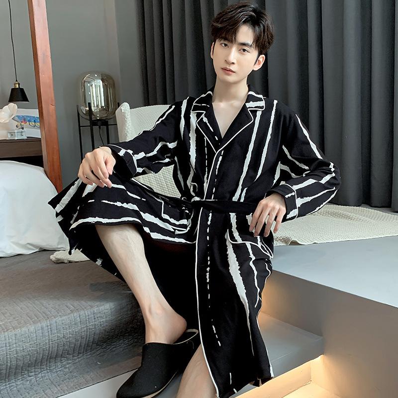 Men's 2025 Spring/Autumn Pure Cotton Long Sleeve Mid-Length Bathrobe