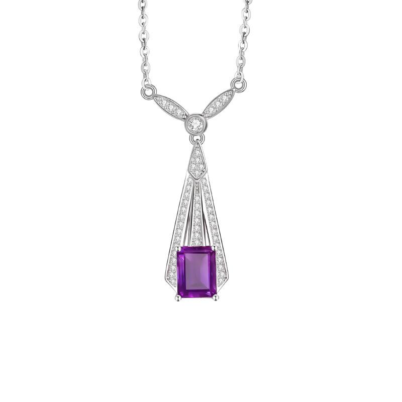 S925 Sterling Silver Art Deco Necklace Female Amethyst Peridot Geometric Pendant Light Luxury Clavicle Chain