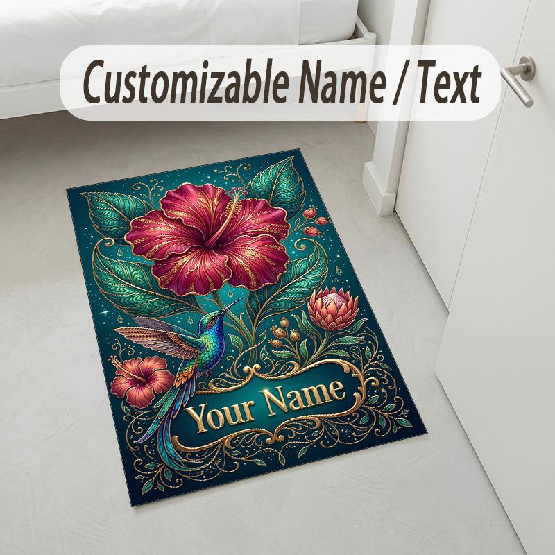 Floral Horse Theme Soft Crystal Velvet Rug Custom Name & Text Print Non Slip Floor Rug for Bedroom Living Room