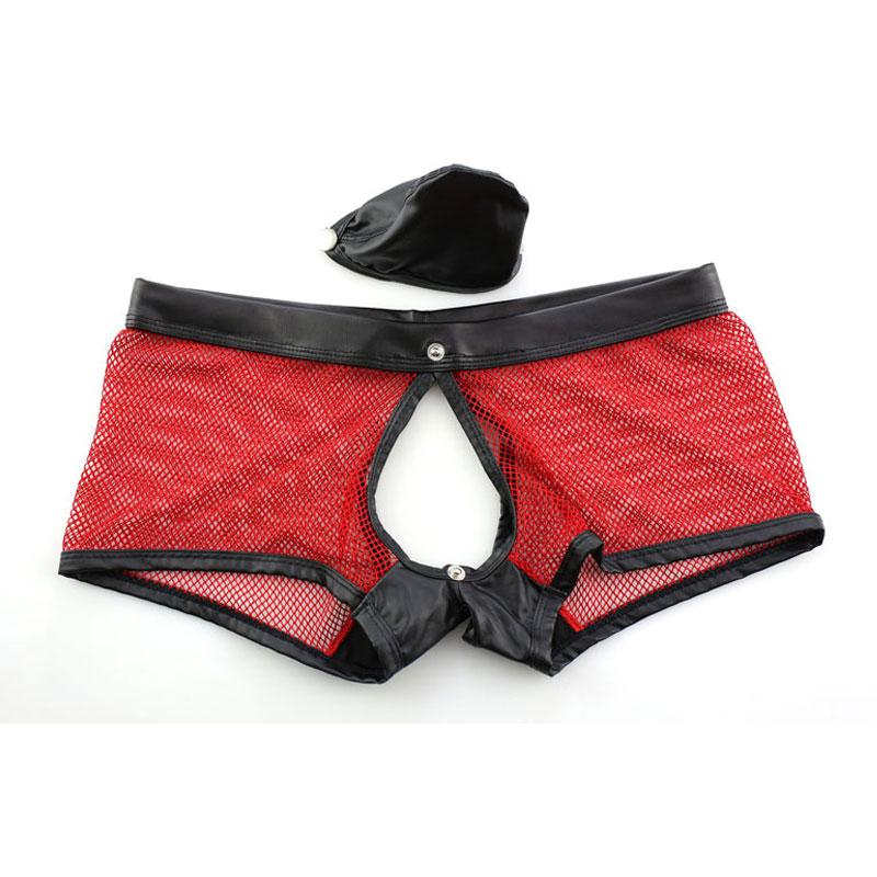 Sexy Men Faux Leather U Convex Pouch Boxers Mesh Sheer Open Crotch Cock Ring Breathable Underwear Gay Wear Plus Size F11