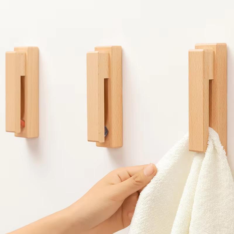 No-punch Nordic Wooden Towel Holders Firmly Strong Adhesive Wall Mounted Towel Hook Bathroom Kitchen Storage Badkamer Organizer