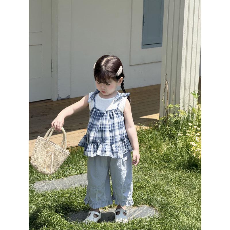 Infant Toddler Baby Girl Blue Plaid Summer Three-Piece Korean Style Set 80