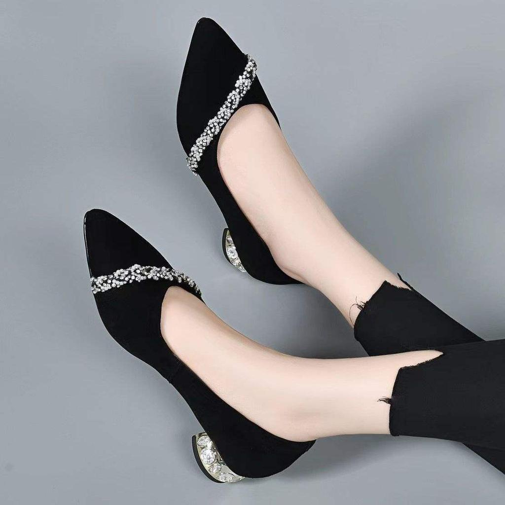 Low-heeled rhinestone pointed work women's shoes elegant thick-heeled light-mouth single shoes women's grinding suede ladyshoes black work shoes
