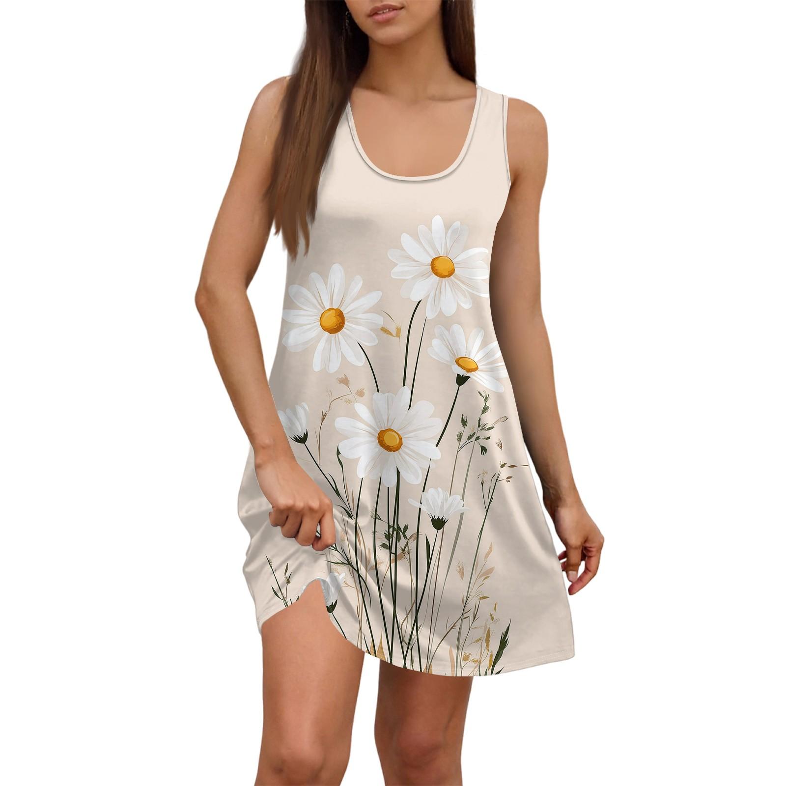 

Женское летнее повседневное платье с квадратным вырезом и цветочным принтом, платье без рукавов с карманами L бежевый