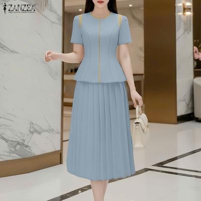 Women Short Sleeve Blouse and Long Skirts Summer Two Piece Suit Sets