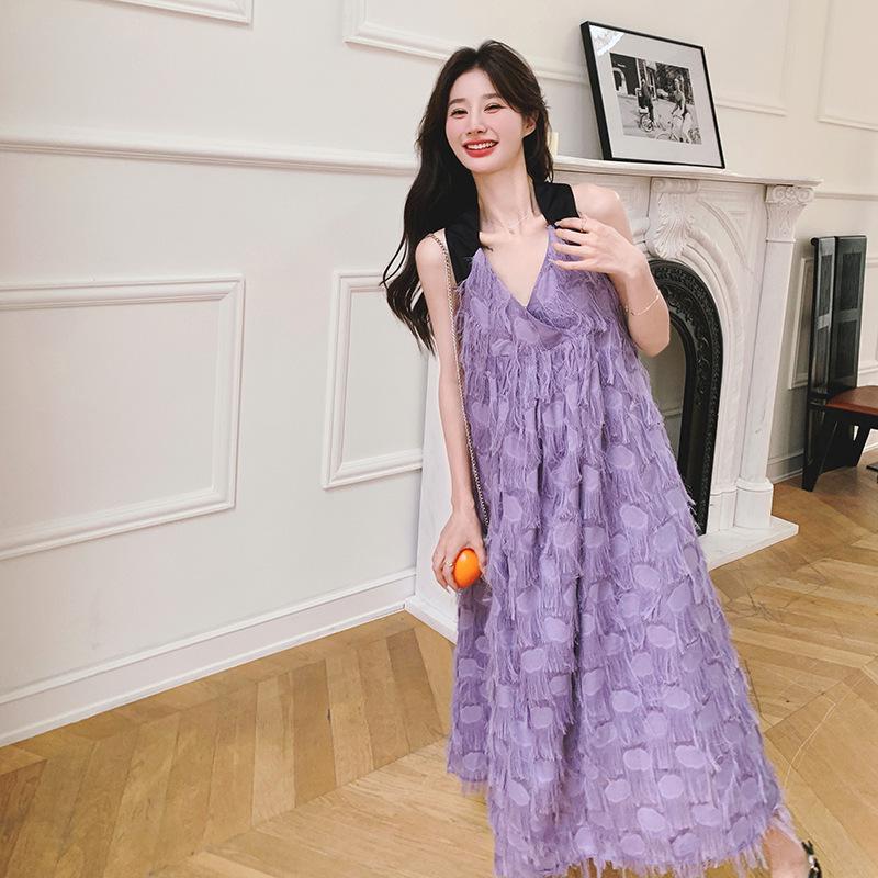 2024 Summer French Color-Blocked Tassel Suspender Dress