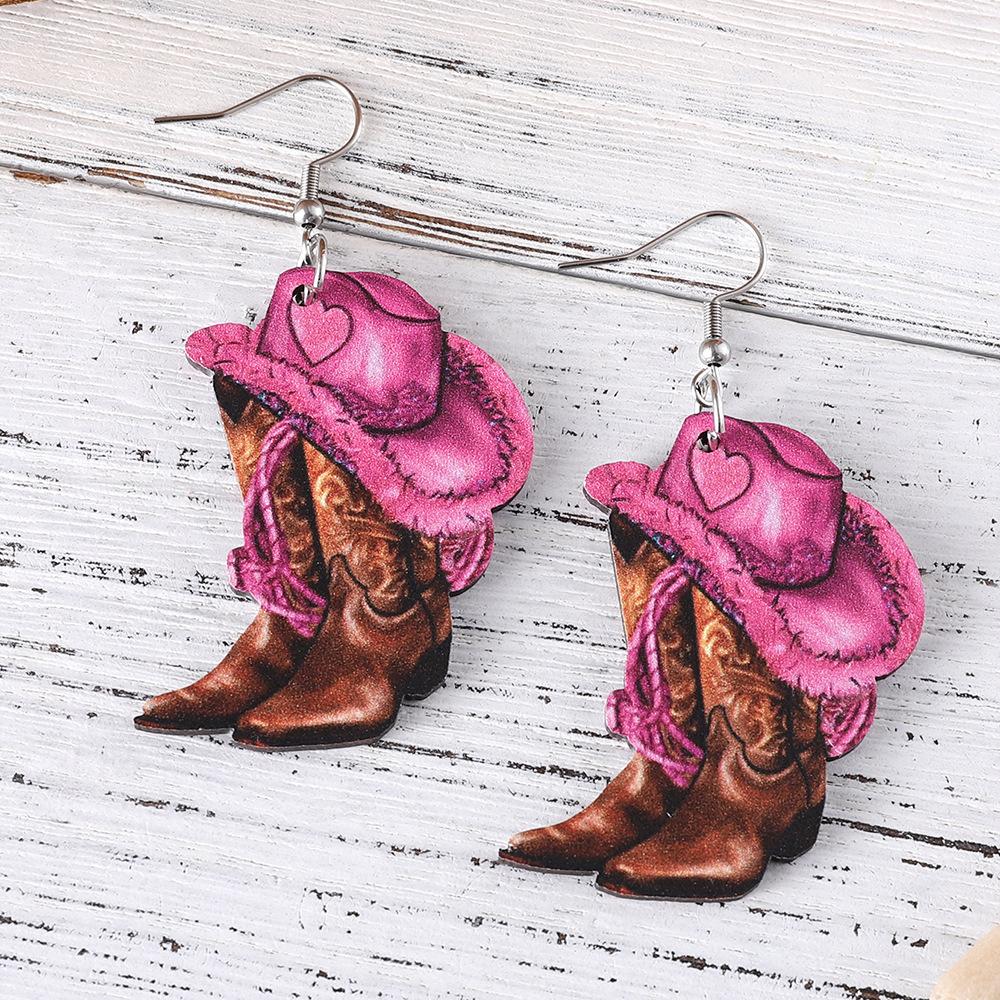 Ny rosa denimhatt i vestlig stil, øredobber med cowboystøvel-anheng, damesidige treøredobber