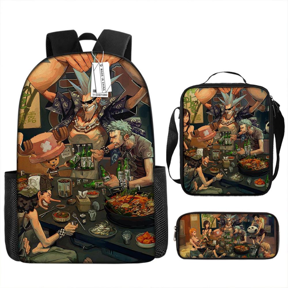 Animation Peripheral Student School Bag ONE PIECE Cartoon School Bag Girls and Boys Three-piece Set Backpack Satchel