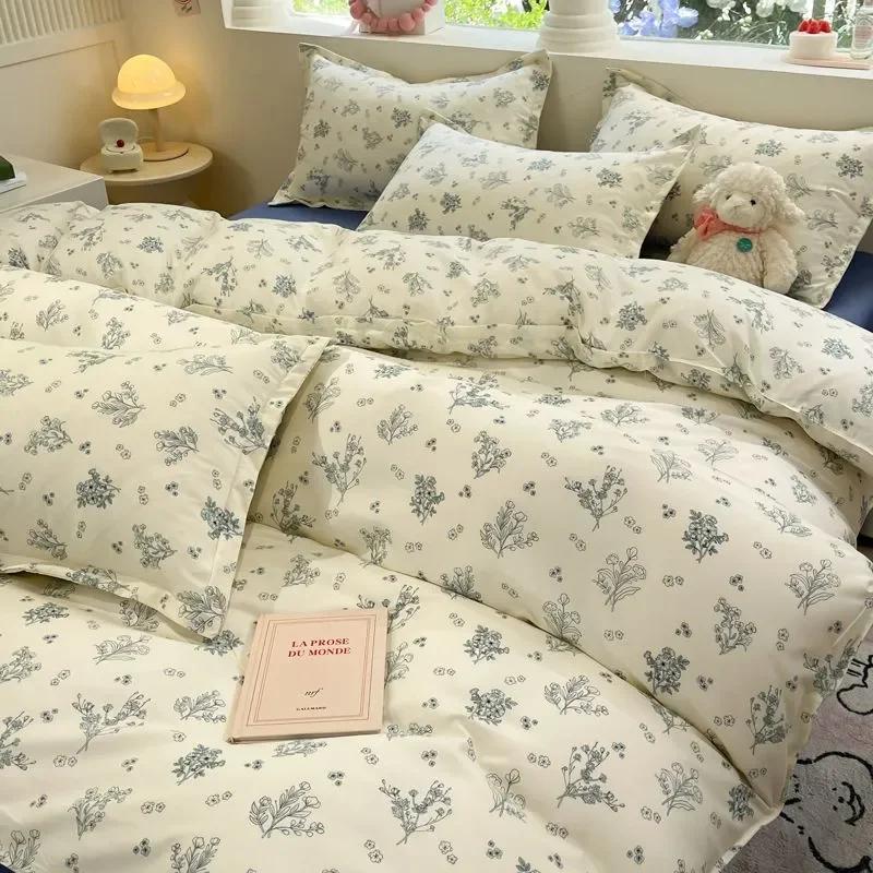 Pink Flowers Duvet Cover Set Ins Fashion Single Queen Size Girls Boys Flat Sheet Pillowcase No Filler Home Decor Bedding Set
