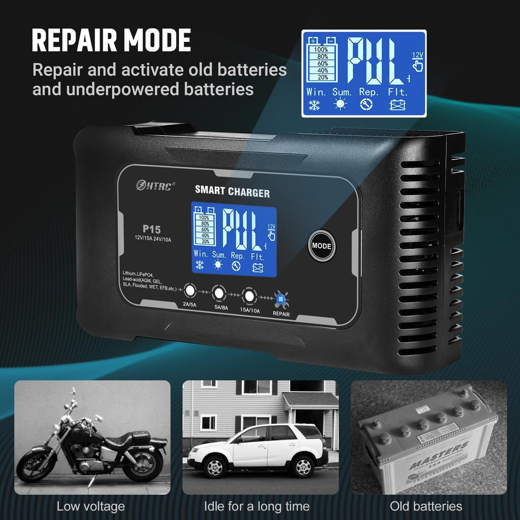 P15 12V-24V 35A/25A/20A/15A/10A Car Battery Charger LCD Automatic Pulse Repair Charge for Lifepo4 AGM Lead-Acid Lithium Batteri