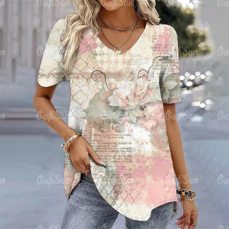 Damska koszulka 3d kwiaty drukuj topy Tee letnia koszulka z dekoltem w serek z krótkim rękawem nowy projekt swetry ponadgabarytowa moda odzież damska
