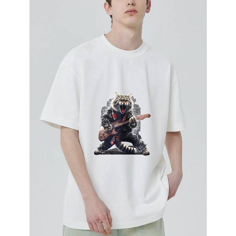 

Black T Shirt With Rock Cat Playing Guitar Print For Casual Wear XXXXL білий
