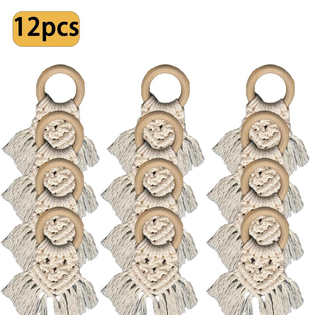 Boho Napkin Rings with Wooden Ring, Handmade Woven Fringe Napkin Holders for Rustic Wedding, Party & Farmhouse Table Decor