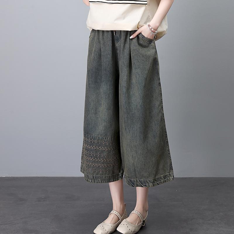 Pantaloni de damă retro brodați cu picior larg din denim cu șnur, talie înaltă, croi scurt pentru vara 2024