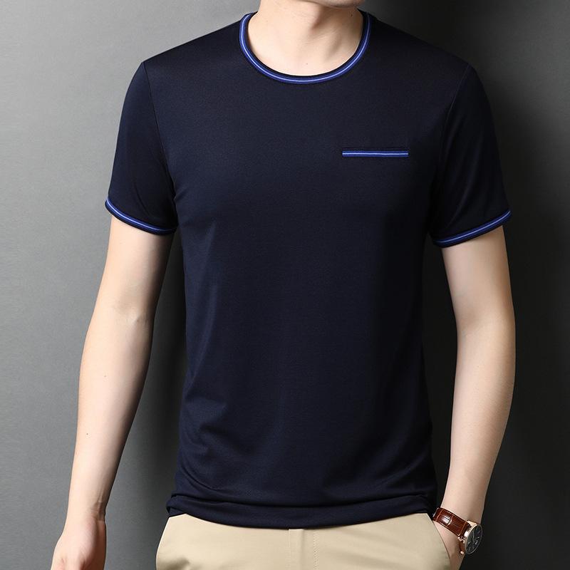 Summer Men's Mulberry Silk Thin Short-sleeved T-shirt Youth Edition Topstitch Fashion Pullover Mercerized Trendy Sweatshirt
