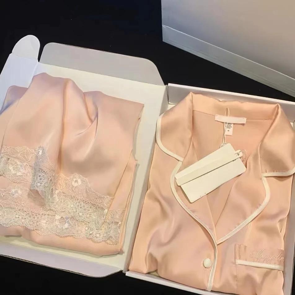 Womens Silk Satin Pajamas Set Sleepwear Female Sleep Two Piece Loungewear Girls Lace Trim Sweet Home Suit Spring Autumn Homewear