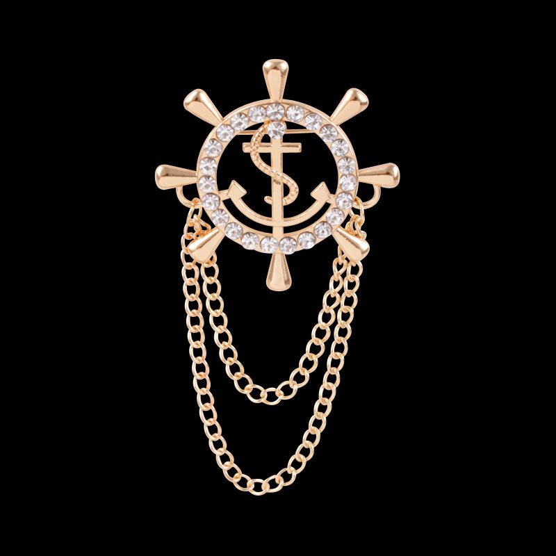 Retro Japanese & Korean Nautical Brooch with Chain Tassel, Anchor & Rudder Design for Men & Women